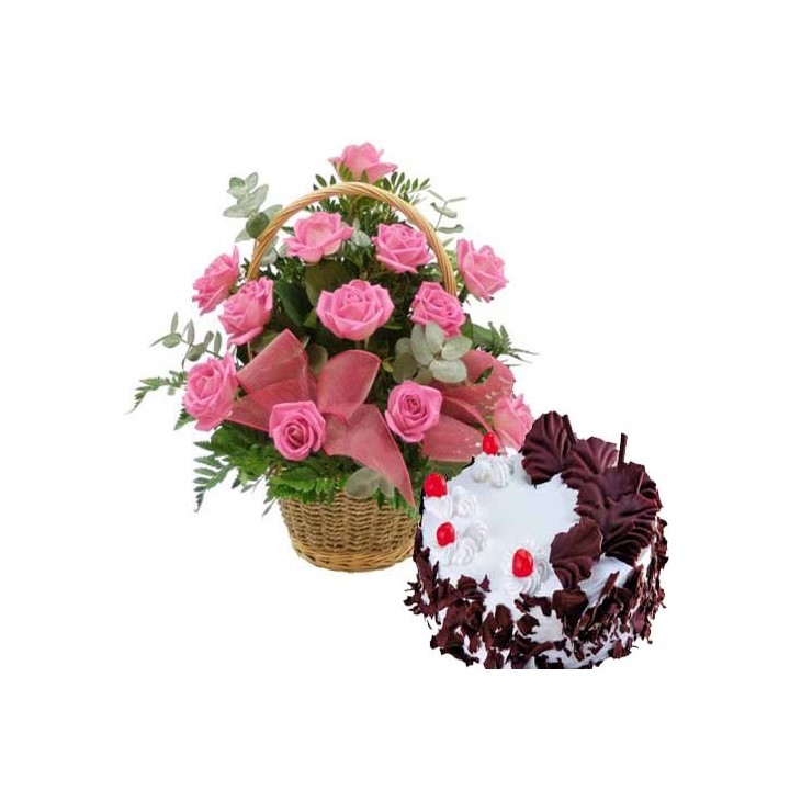 18 Pink Roses Basket With 1 Kg Black Forest Cake