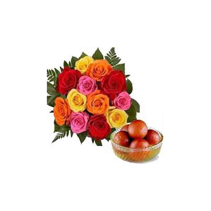 12 MIX ROSES BUNCH WITH 1KG GULAB JAMUN
