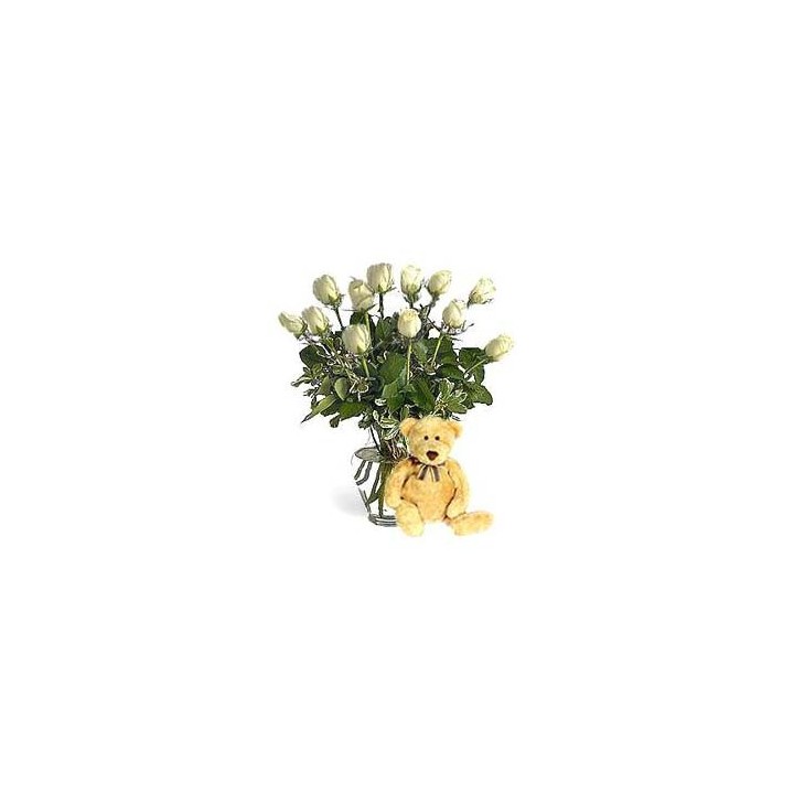 White Roses In Vase 18 Stocks With 6-Inch Teddy
