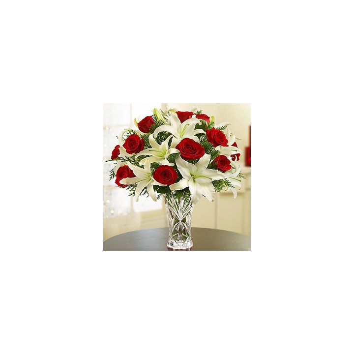 Roses & Oriental Lilies in vase 15 Roses 5 Lilies