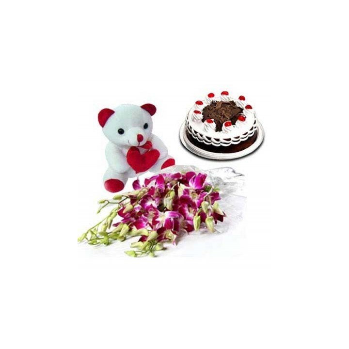 Bouquet Of 10 Orchid With 6 Inch Teddy And 1 Kg Black Forest Cake