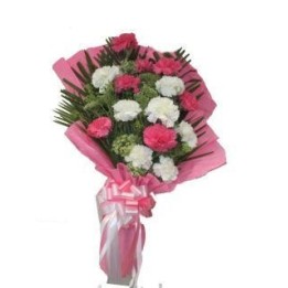 Pink and White carnations in Pink Packing