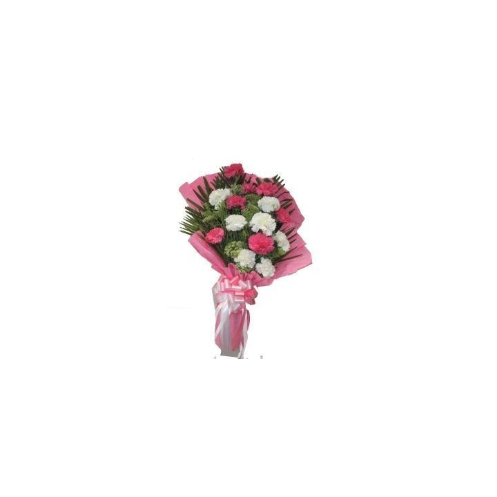 Pink and White carnations in Pink Packing