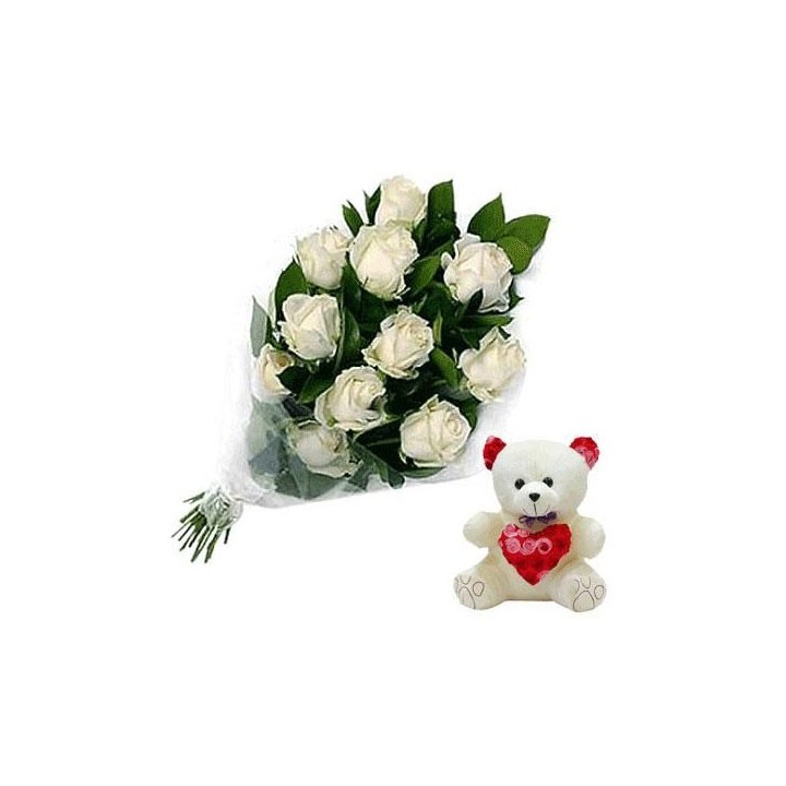 White Roses Bouquet 18 Stems With 6-Inch Teddy
