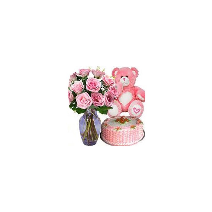 15 Pink Roses in Vase with 1 Kg Fruit Cake and 6 Inch Teddy