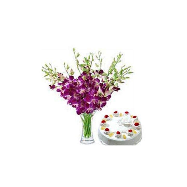 12 Purple Orchids Vase With 500GM Pineapple Cake