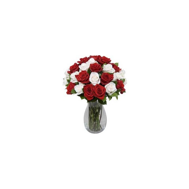 Red and White Roses in Vase 36 Blooms