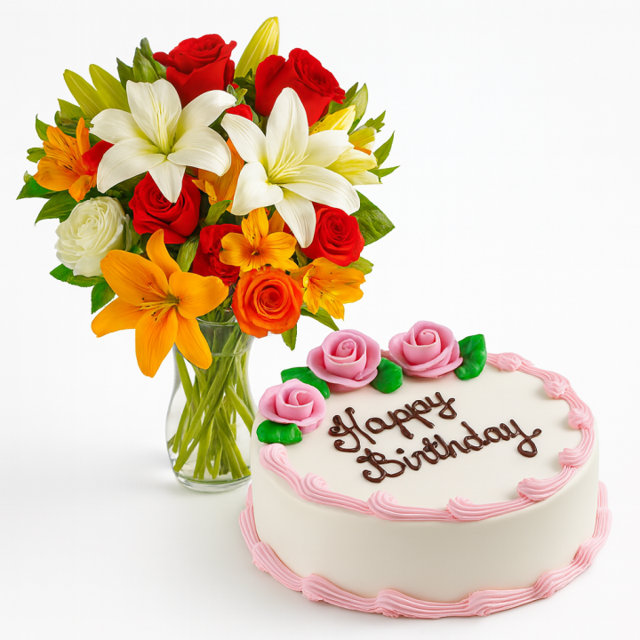 Two Dozen Mixed Seasonal Flowers in Vase with 1 Kg Strawberry Cake