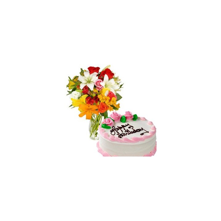 Two Dozen Mixed Seasonal Flowers in Vase with 1 Kg Strawberry Cake