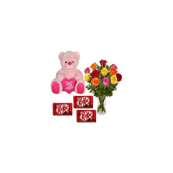 Mix Roses In Vase 24 Flowers With 6 Inch Teddy and 24 Nestle Kit Kat Bars