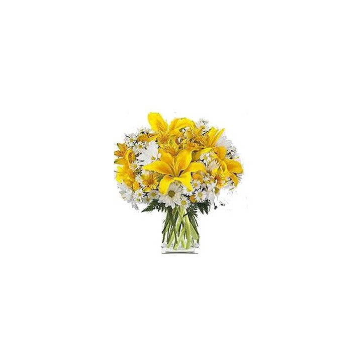 Yellow Lily And White Gerbera In Vase 20 Stems