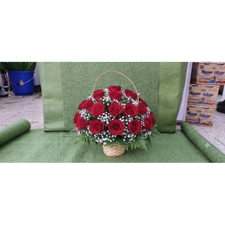 Basket of 15 Red Roses with Gypsophila