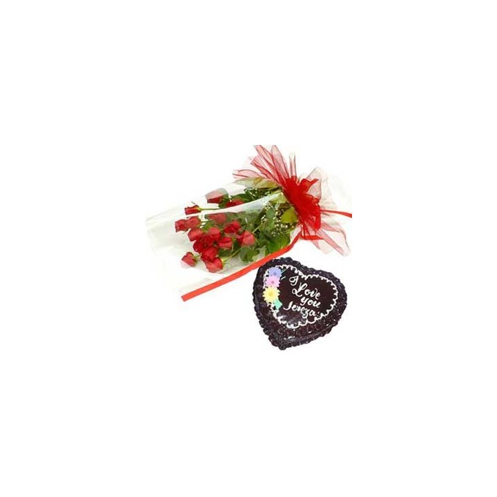 12 Red Roses With 1Kg Heart Shaped Chocolate Cake