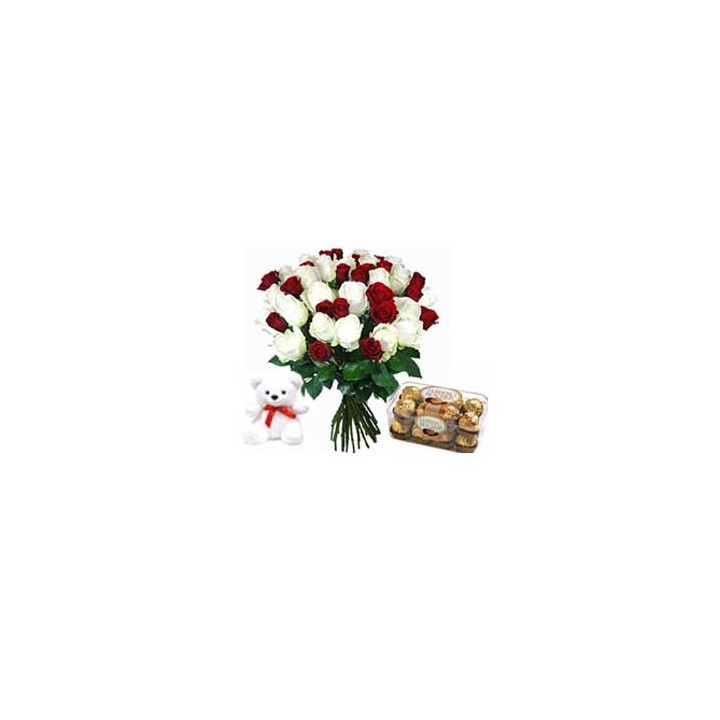 Red and white roses bunch 24 flowers with ferrero rocher chocolate and 6 inch teddy