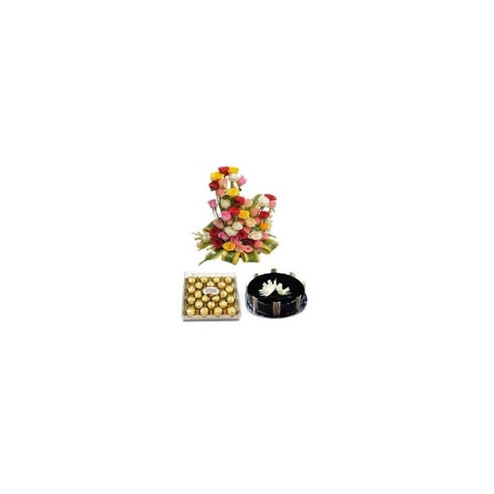 MIX ROSES BASKET 50 FLOWERS WITH 24 PIECES FERRERO ROCHER CHOCOLATE AND 500GM CHOCOLATE CAKE