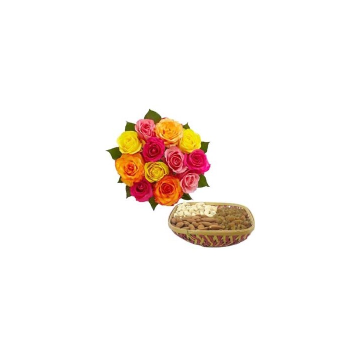 24 MIX ROSES BUNCH WITH 1 KG ASSORTED DRYFRUITS