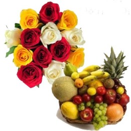 12 MIX ROSES WITH 2 KG FRUIT BASKET