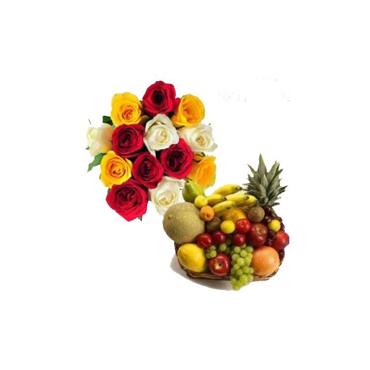 12 MIX ROSES WITH 2 KG FRUIT BASKET