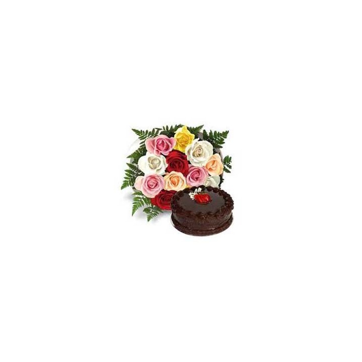 18 MIX ROSES WITH 1 KG CHOCOLATE CAKE