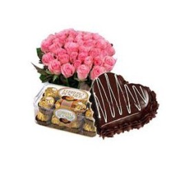 Bouquet Of 24 Pink Roses With Ferrero Rocher 24 Pieces And 1 Kg Heart Cake