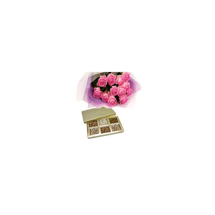 1 kg de Nueces Mixtas y Ramo de 12 Rosas Rosadas