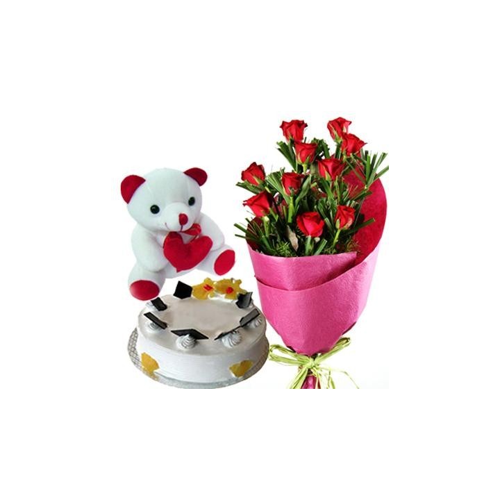 Bunch of 12 Red Roses along with 500 gms Pineapple Cake and 6 inches Cute Teddy Bear