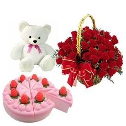 50 Red Roses Basket Arrangement with 500 gms Strawberry Cake and Cute Teddy Bear