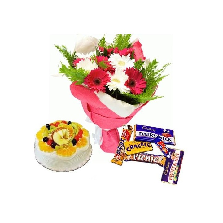 15 Mix Colours Flowers Bunch with 1 Kg Fresh Fruits Cake and Assorted Cadbury Chocolates