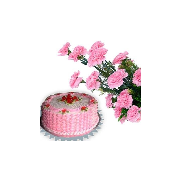 Bunch of 15 Pink Carnations along with 500 gms Strawberry Cake