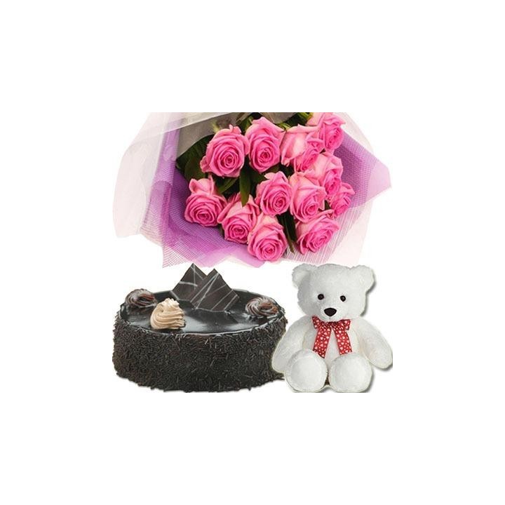 Bunch of 12 Pink Roses with a Small Teddy and 500 gms Lip smacking Chocolate Cake