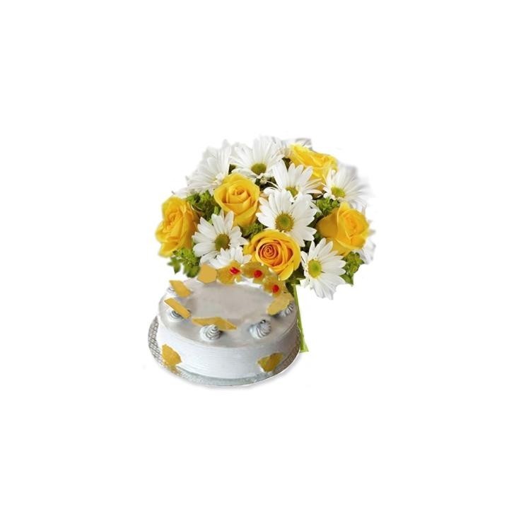 Bunch of White and Yellow Seasonal Flowers along with 500 gms Pineapple Cake