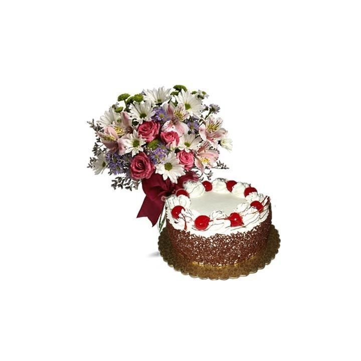 15 Mix Seasonal Flowers Bunch along with 500 gms Black Forest Cake