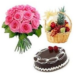 15 Pink Roses Bouquet With 1 Kg Fruits Basket And 1 Kg Chocolate Cake