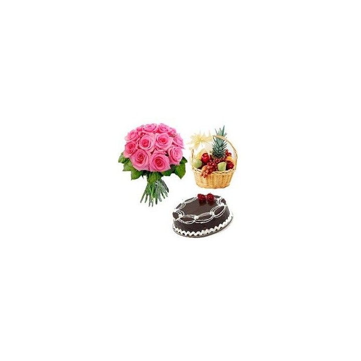 15 Pink Roses Bouquet With 1 Kg Fruits Basket And 1 Kg Chocolate Cake