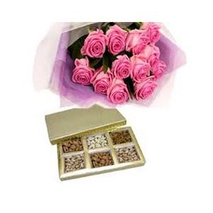 1 Kg Assorted Dry Fruits and 12 Pink Roses Bouquet