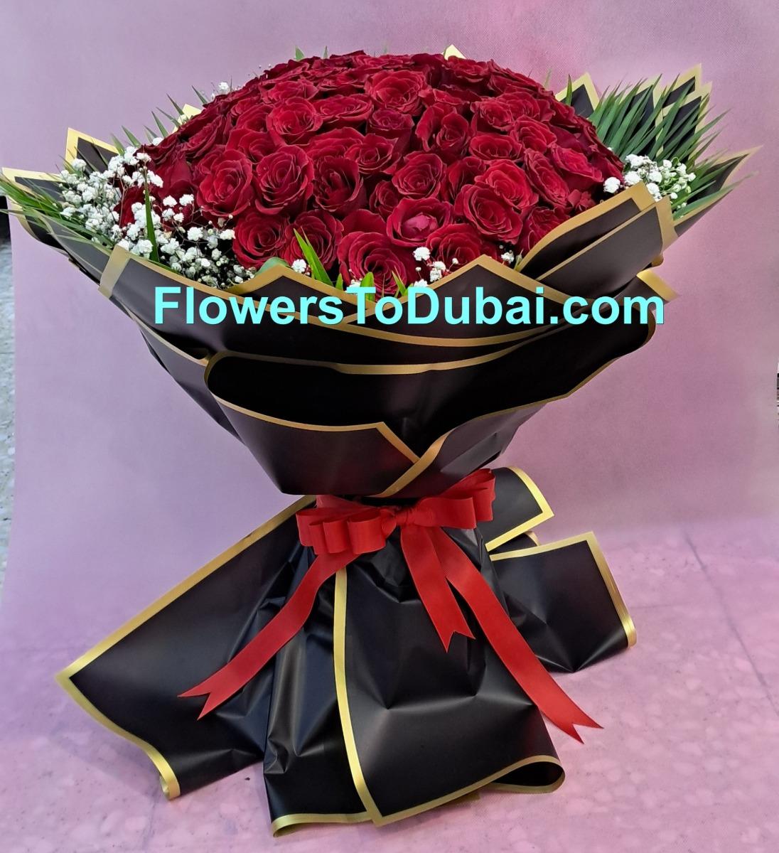 101 red roses with black paper 