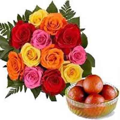 12 MIX ROSES BUNCH WITH 1KG GULAB JAMUN