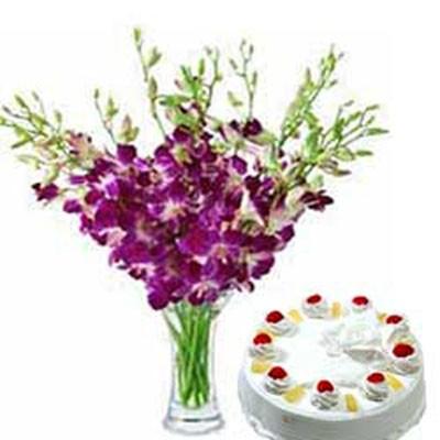 12 violets orchidées vase avec 500 g d'Ananas gâteau