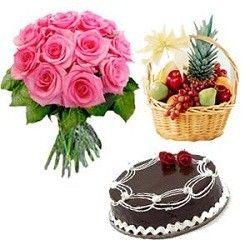 15 Pink Roses Bouquet With 1 Kg Fruits Basket And 1 Kg Chocolate Cake