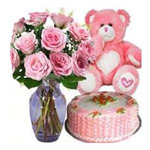 15 Pink Roses in Vase with 1 Kg Fruit Cake and 6 Inch Teddy