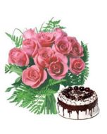 24 Pink Roses Bunch With 1 Kg Black Forest Cake