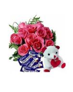 24 Pink Roses With Cadbury Dairy Milk And 6 Inch Teddy