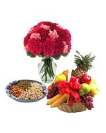 24 Red and Pink Carnation in Vase with 500 Gm Mix Dryfruits N 2 Kg Fruit Basket