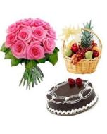 A Dozen Pink Roses Bouquet With 1 Kg Fruit Basket