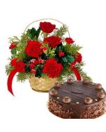 Basket Arrangement of 12 Red Carnations and Roses with 500 gms Chocolate Cake