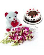 Bouquet Of 10 Orchid With 6 Inch Teddy And 1 Kg Black Forest Cake