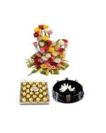 MIX ROSES BASKET 50 FLOWERS WITH 24 PIECES FERRERO ROCHER CHOCOLATE AND 500GM CHOCOLATE CAKE