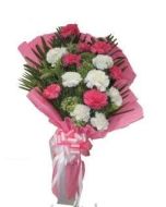 Pink and White carnations in Pink Packing