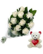 White Roses Bouquet 18 Stems With 6-Inch Teddy