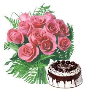 24 Pink Roses Bunch With 1 Kg Black Forest Cake